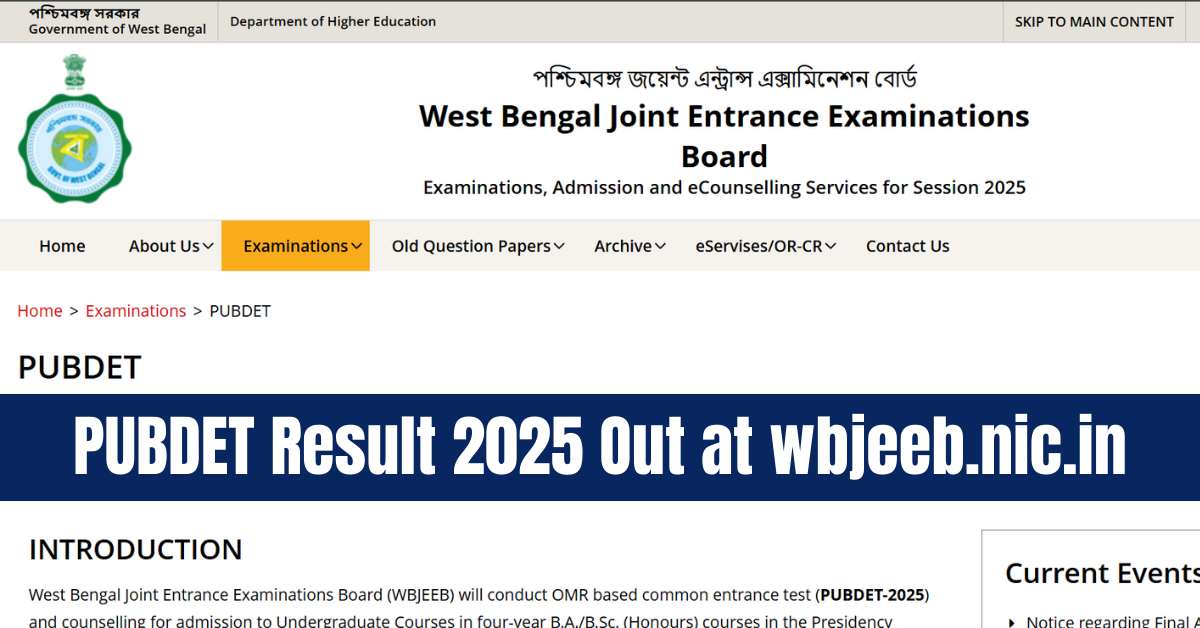PUBDET Result 2025 Out at wbjeeb.nic.in